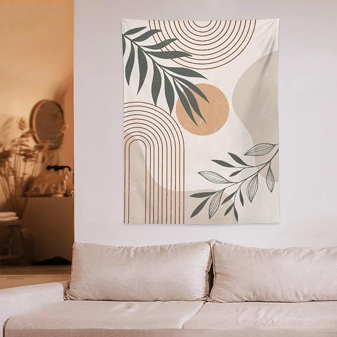 Abstract Boho Tapestry, Mid Century Tropical Tree Leaves Modern Geometric Arch Bohemian Botanical Tapestry, Home Aesthetic Wall Hanging Art Decor for Living Room Bedroom Dormitory 50x60 Inch
