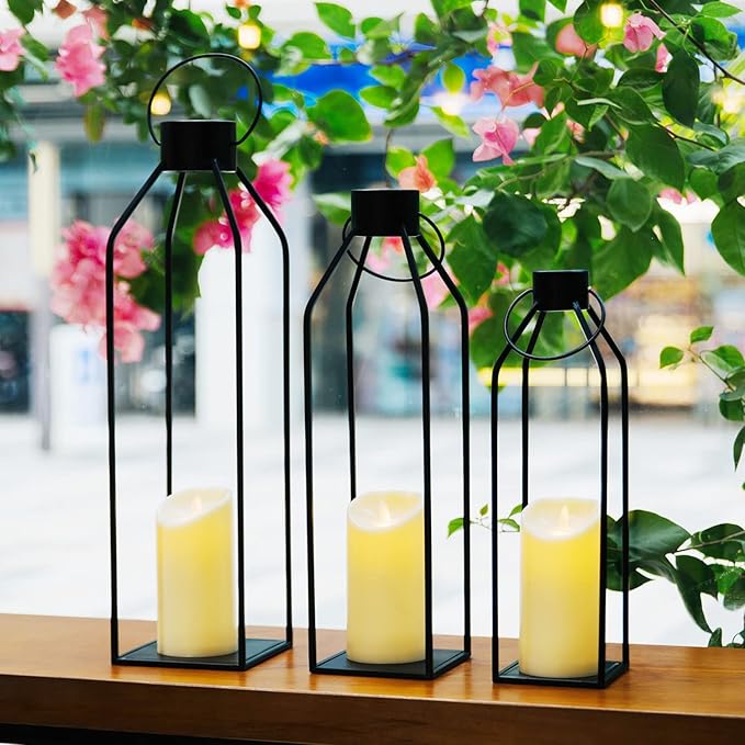 HPC Decor 22'' 19'' 16'' Lanterns Decorative w/Flickering Timer Candles- Tall Large Black Metal Candle Lanterns Set of 3- Modern Farmhouse Decor for Indoor,Outdoor,Tabletop,Porch (No Glass)