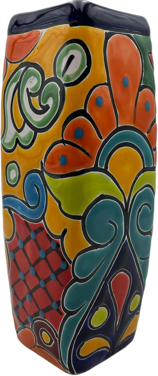 Talavera Planter Pot Square Vase Folk Art Mexican Pottery Handmade Hand Painted Home Decor Indoor Multicolor Outdoor 9.25" (Cobalt Multi)