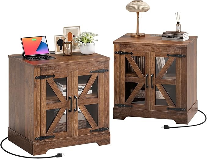 Farmhouse Side Table - 24" Large Night Stand Set 2, Wood Nightstand with Charging Station, Bedside Table with Adjustable Shelf, End Tables Living Room, Rustic Bed Side Tables Bedroom, Walnut