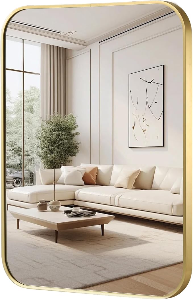 FARMER 20x28 Inch Gold Bathroom Mirror, Rectangle Vanity Mirror, Brushed Mirrors for Wall, Metal Frame Hanging Mirror with Round Corner for Bedrooms, Entryways, Living Rooms, Horizontal/Vertical