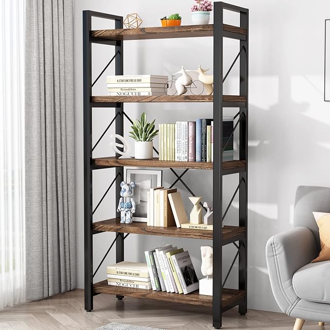 5 Tier Bookshelf Rustic Solid Wood Industrial Style Bookcase,Metal and Real Wood Vintage Bookshelf,Book Shelves Home Office, Retro Brown,Dark Matching credenza(LZ01-05tier) (5Tiers)