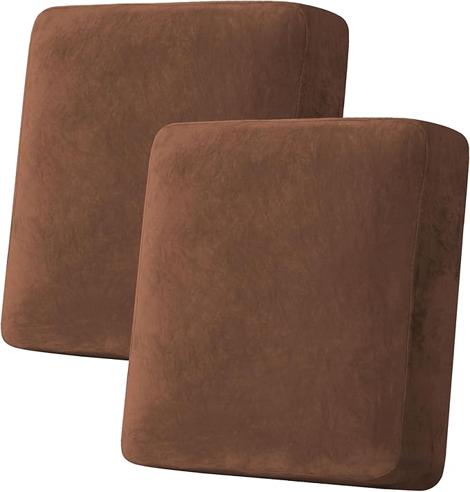 H.VERSAILTEX Velvet Stretch Couch Cushion Cover Plush Cushion Slipcover for Loveseat Cushion Furniture Protector Seat Cushion Sofa Cover (2 Piece Medium Sofa Cushion Covers, Caramel)
