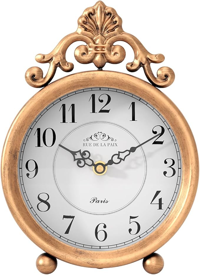 Vintage Gold Table Clock, Desk and Shelf Mantel Clock, French Rustic Antique Style Decor Clocks, for Farmhouse, Bedroom, Living Room, Bedside, Gift (9" H x 6.3" W)