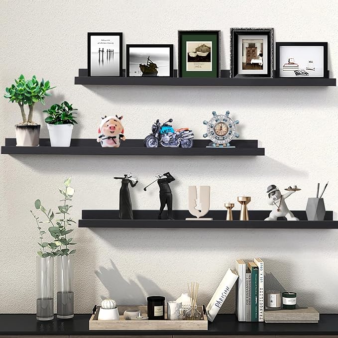 AZSKY Floating Picture Ledge Shelves for Wall Set of 3, 36 Inch Photo Shelves with Lip Long Large Nursery Book Shelf for Toys Storage Kids Bookshelf Wall Mounted Living Room Bedroom Decor Frames