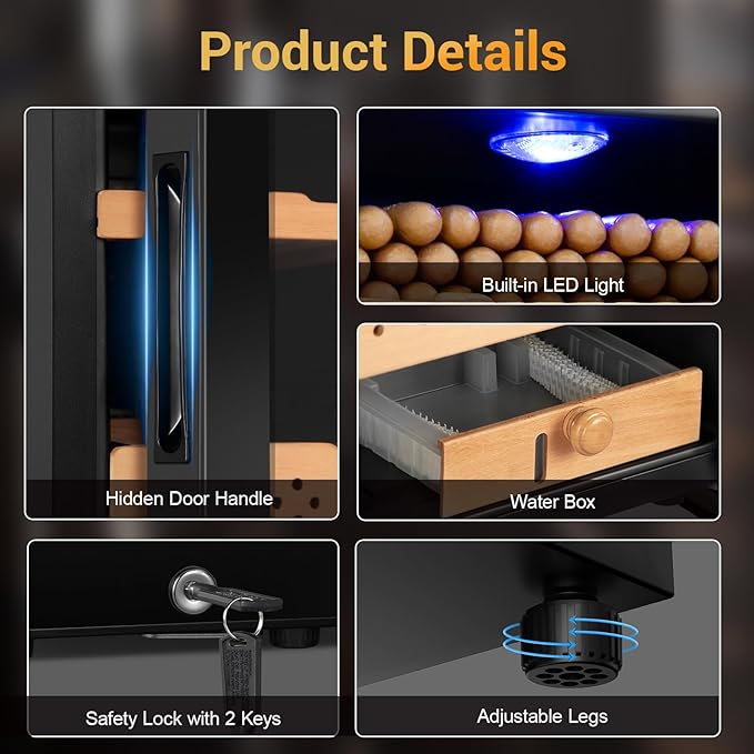 Electric Humidor for Cigars, 35L 250 Counts Large Capacity Thermostatic Desktop Humidor Cabinet with Digital LED Screen, Safety Lock,Smart Humidity & Temp Control, Gifts for Men