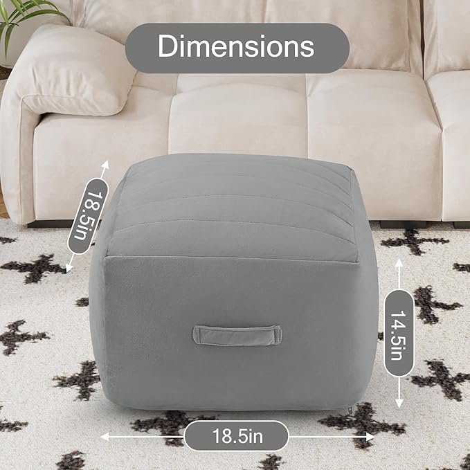 MeMoreCool Square Stuffed Pouf Ottoman Foot Rest, Floor Pouf Foot Stool with Foam Chunk Filling, Soft Stuffed Ottoman Footrest for Living Room, Light Grey