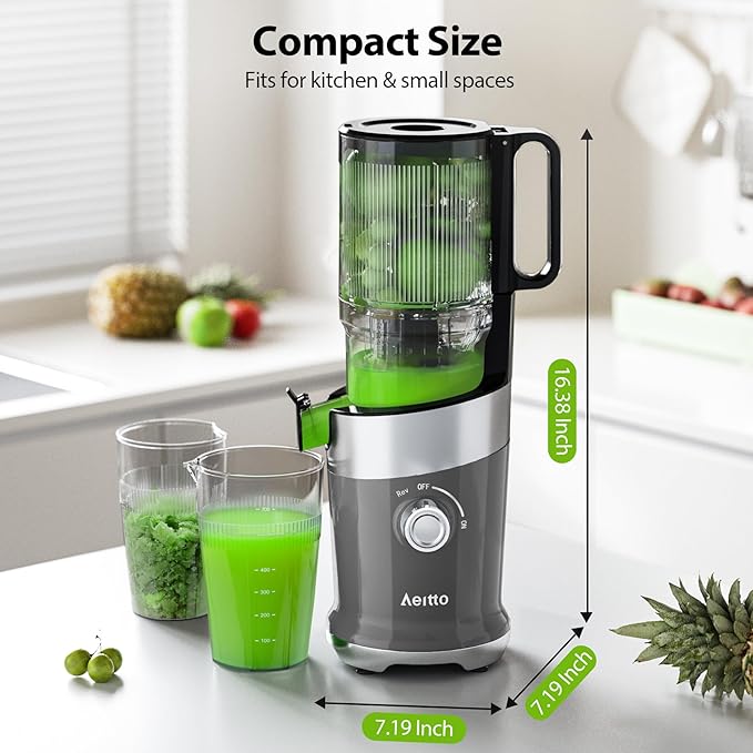 Aeitto Cold Press Juicer, Juicer Machines with 4.9" Large Feed Chute, Fits Whole Vegetables and Fruits, Professional Juice Maker, Easy to Clean, High Juice Yield, Easy to Assemble,Grey
