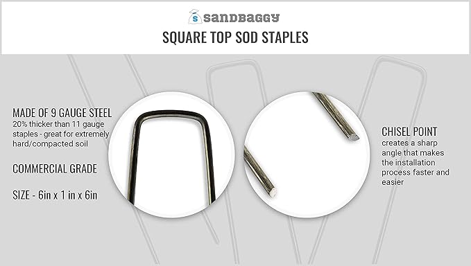 Sandbaggy 6 inch Landscape Sod Staples (9 Gauge Steel) ~ Great for Hard Soil - 20% Thicker Than Competition - Trusted by Farmers & Contractors Across USA (500 Staples)