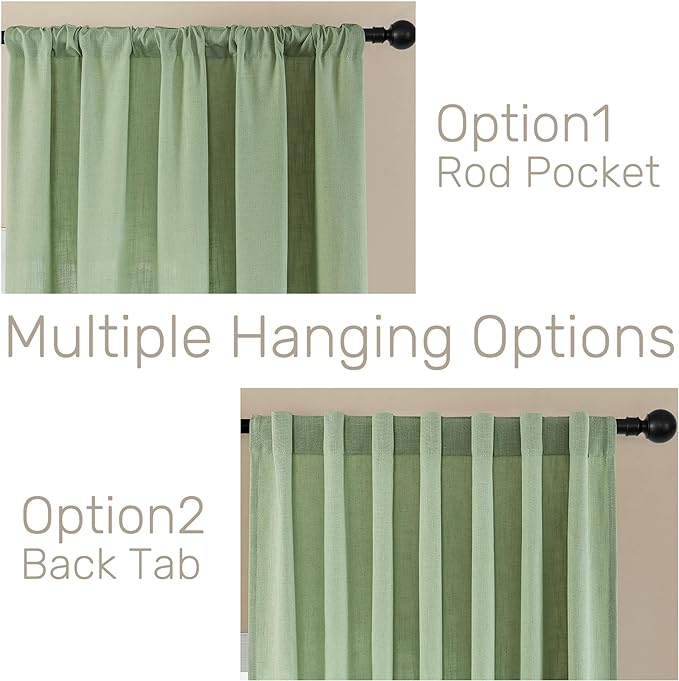 Joydeco Sage Green Curtains - 72 Inch Long, 2 Panel Set, Semi Sheer Linen Farmhouse Curtains for Living Room & Bedroom Windows