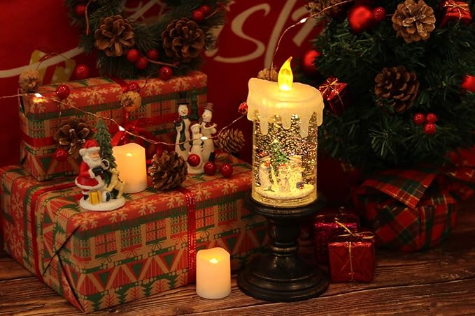 Eldnacele Christmas Snow Globe Candle Battery Operated Lighted Flameless Candles Light Swirling Water Glittering Spinning Candles for Home Decoration(Snowmen Family)