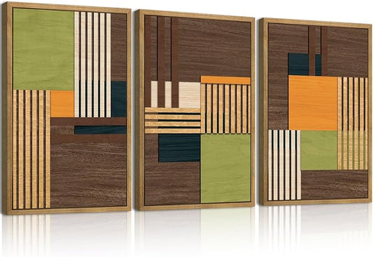 Large Modern Abstract Wall Art Set Minimalist Line Wood Wall Decor Neutral Brown Art Decor Colorful Geometric Wooden Wall Sculptures for Living Room Bedroom Office-16x24Inchx3