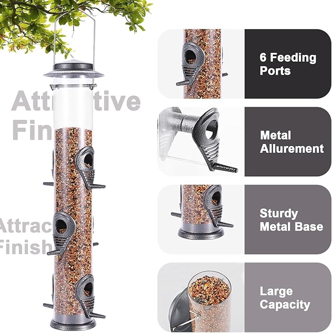 MIXXIDEA 1PK Metal Bird Feeders with 6 Feeding Ports,Tube Bird Feeder with Steel Hanger,Hard Plastic Wild Bird Feeder for Outdoors Hanging, Attracting Birds in Your Lawn, Garden, Balcony-Grey