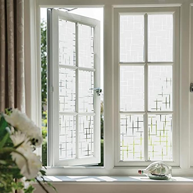 Finnez Frosted Window Film Non-Adhesive, Frosting Privacy Film for Glass Windows, Self Static-Cling Decorative Window Cling for Home Office UV Protection Cross Pattern, 23.6 x 157.4 inches