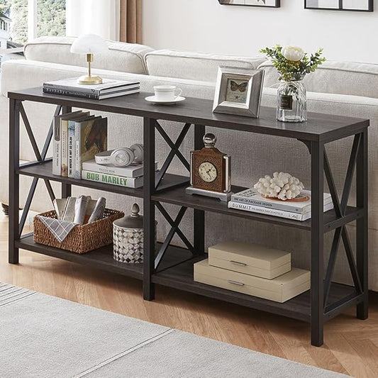 LVB Rustic Console Table, Industrial Modern Sofa Table Behind Couch, Long Metal Wood Entryway Table with Storage Shelf, Farmhouse Foyer Hallway Table for Home Living Room Bedroom, Dark Gray Oak, 63 in