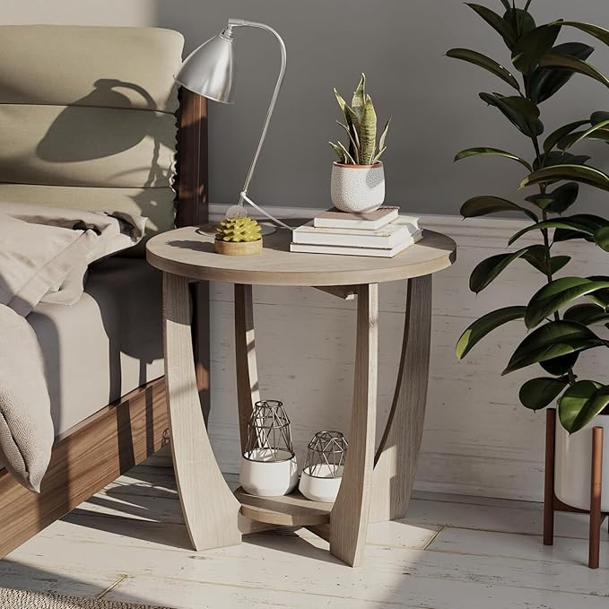 Rustic Farmhouse End Table with Storage Shelf, French Country Accent Side Table for Family, Dinning or Living Room, Small Spaces, Modern, Round, Vintage Grey Finish