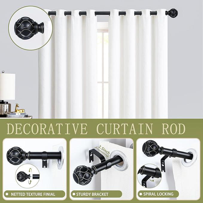 Black Adjustable Curtain Rods for Windows:66-120" Farmhouse Heavy Duty Curtain Rod for Bedroom Living Room,Boho Decorative Rustic Drapery Rods with Vintage Coastal Texture Finial,Matte Black