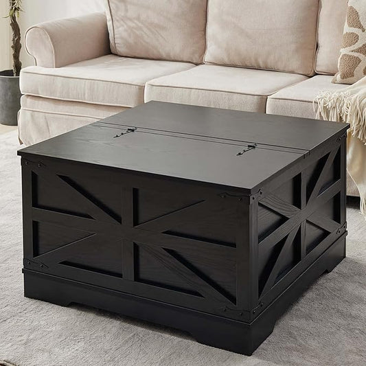 Black Coffee Table with Storage, Cocktail Table with Hinged Lift Top, Farmhouse Square Wood Center Table with Large Hidden Storage Compartment for Living Room, Square Coffee Table, Metal Edges Decor