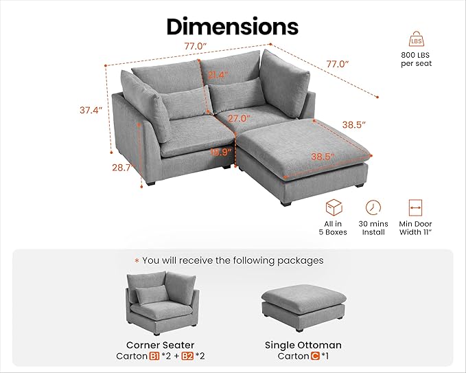 Oversized Modular Sofa, Extra Deep Cloud Chenille Sectional Couch with Ottoman Chaise, Fluffy Chenille Loveseat L Sofa for Living Room, Villa (Loveseat+Ottoman, Chenille Grey)