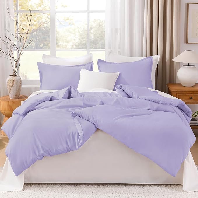 Litanika Lavender Purple Comforters Queen Size, 3 Pieces Lightweight Solid Bedding Comforter Set, All Season Fluffy Bed Set (90x90In Comforter & 2 Pillowcases)