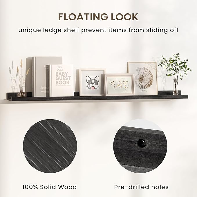 Floating Shelves for Wall, Picture Ledge Shelf 48 Inch Solid Wood Set of 2, Rustic Wall Shelves with Lip, Kids Bookshelf, Photo & Picture Live Edge Floating Shelves for Bedroom, Living Room, Kitchen