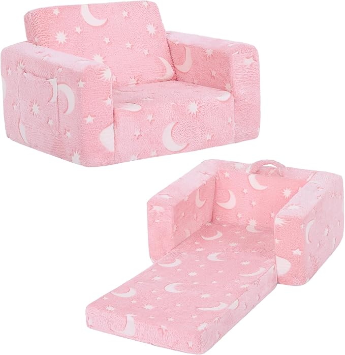 Welnow 2-in-1 Kids Sofa Chair, Glow in The Dark Convertible Toddler Chair Flip Out Children Sofa Chair Folding Kids Play Sofa with Side Pockets & Removable Cover Armrest Chair for Girl or Boy