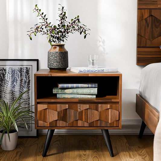 Bme Georgina Solid Wood Nightstand with 1 Drawer & Open Shelf- Fully Assembled Mid Century Modern Side Table - Geometric Pattern Bedside Dresser for Bedroom and Living Room, Dark Chocolate