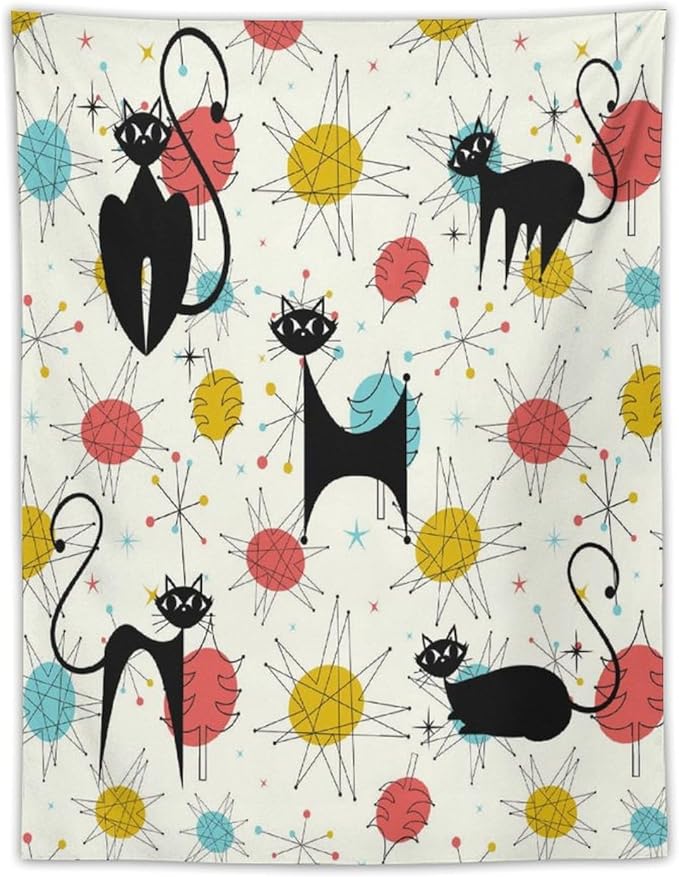 ICMOLYYENLO Abstract Cat Tapestry, Medieval Abstract Atomic Star Cat Vintage Home Wall Hanging Art Tapestry for Bedroom Living Room Dormitory 50x60 Inch