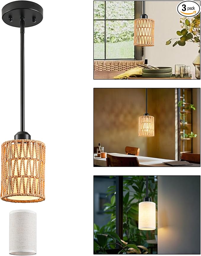 Pendant Light Boho Hanging Lamp, Rattan Hanging Lights with 2 in 1 Linen & Woven Shade, Ceiling Light Fixtures for Kitchen Island, Dining Room, Farmhouse, Bedroom (1 Pack)