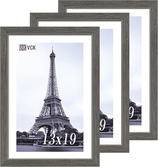 VCK 13x19 Picture Frame Set of 3, Gray Solid Wood Poster Picture Frame, Exclusive Wood Grain, Wall Mounting Hanging