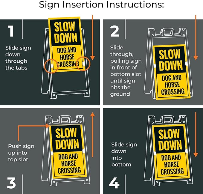 Slow Down Dog and Horse Crossing Sidewalk Sign Kit, 24x36 Inches, with A Frame Stand, Made in USA