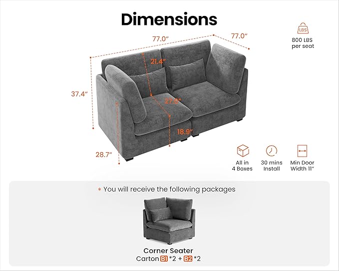 Oversized Modular Sofa, Extra Deep Cloud Chenille Sectional Couch with Ottoman Chaise, Fluffy Chenille 2 Seater Sofa Bed for Living Room, Villa (Loveseat Sofa, Chenille Grey)