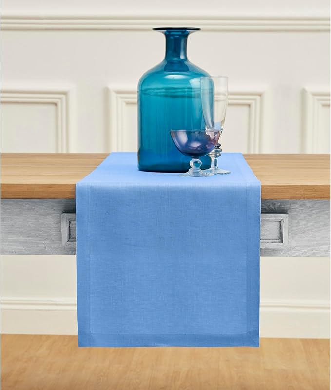 Solino Home Linen Table Runner 72 Inches Long - 100% Pure Linen Provence Blue Dining Table Runner 14 x 72 Inch - Fete