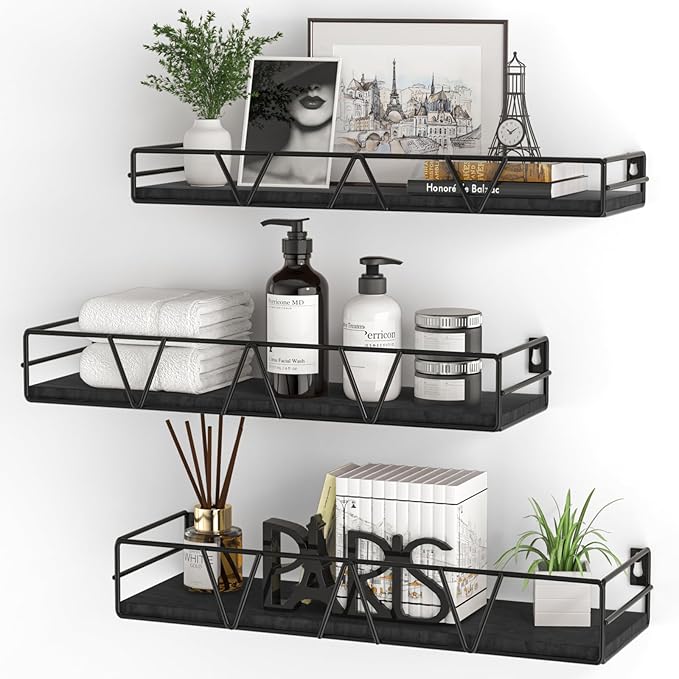 Floating Shelves Set of 3, Home Wood Wall Shelf, Farmhouse Shelf for Bedroom, Wall Mounted Floating Shelf for Living Room, Bedroom, Bathroom, Kitchen, Office (Black 2)