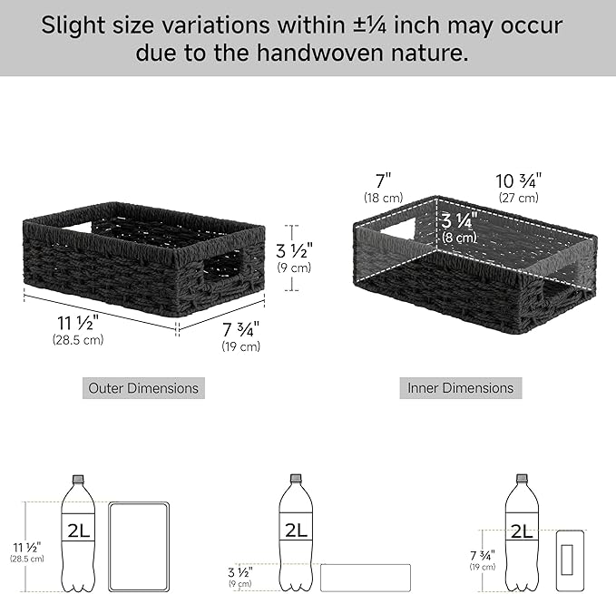 StorageWorks Small, Pantry Baskets, Wicker Storage Baskets for Organizing, Bathroom Shelves, Pantry Organizers and Storage, Black, 2-Pack
