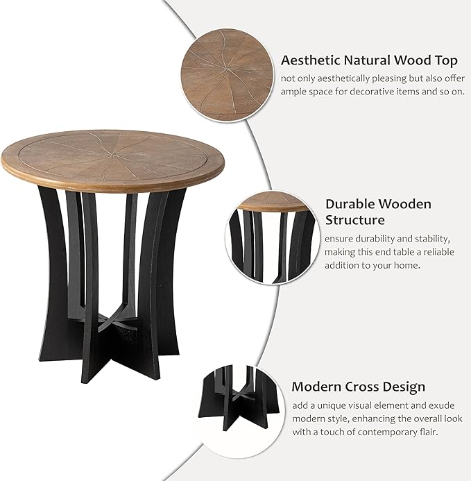 Farmhouse Round End Table X 2P with Criss-Cross Wood Legs, Rustic French Country Side Table for Dinning or Living Room, Modern, Black, Natural Wood