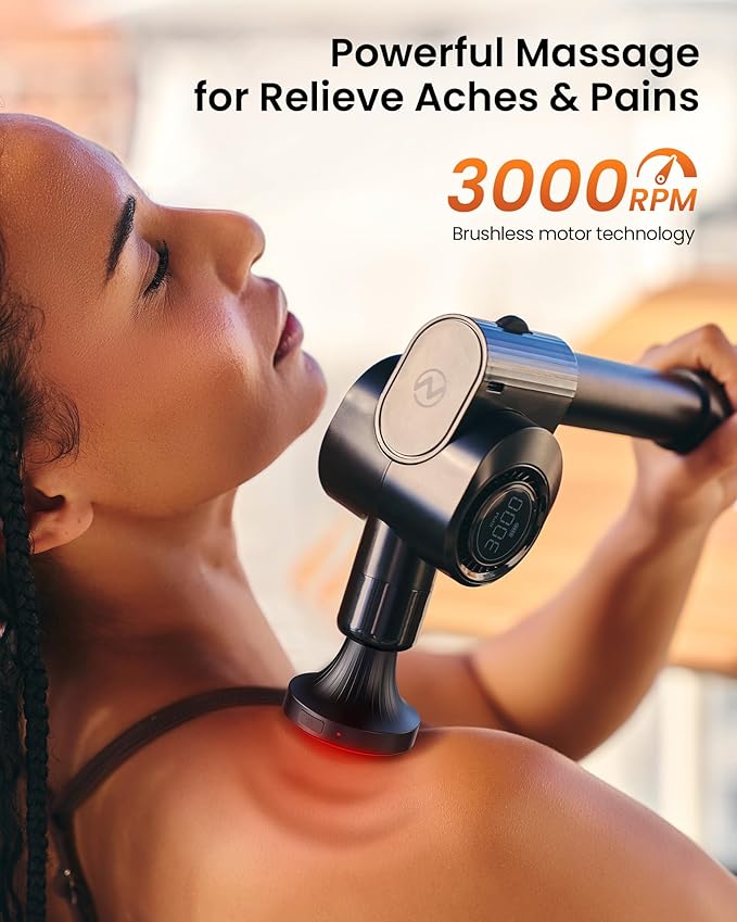 Massage Gun with Heat and Red Light Therapy,Deep Tissue Percussion Back Massager for Muscle/Neck/Body Pain Relief with Long Extension Retractable Handle,32-Speeds,Foldable,5 Adjustable