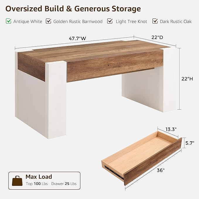 OKD 48" Modern Farmhouse Coffee Table, Wooden Living Room Table with Hidden Storage Drawer, Rustic Rectangular Center Tables with Wood Thick Design for Living Room, Office, Antique White