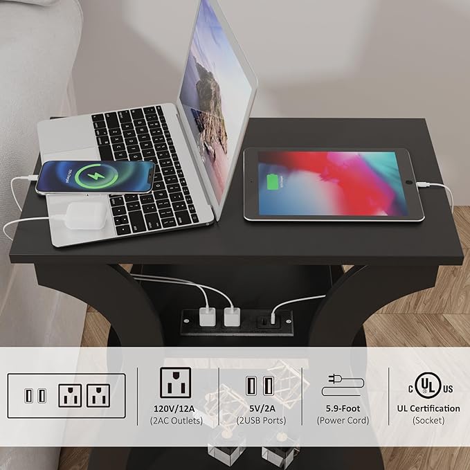Black End Table Set of 2 with Charging Station, Side Table with USB Ports and Outlets, Black Nightstand, 3 Tier End Table with Storage Shelf for Living Room, Bedroom
