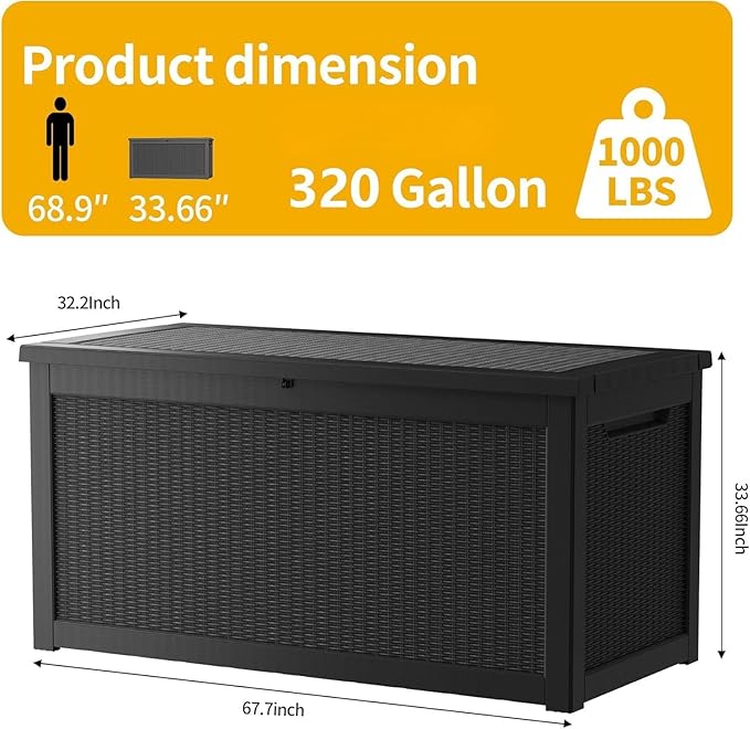 320 Gallon Resin Deck Box, Waterproof Outdoor Storage Bin for Patio Furniture, Pool Accessories, and Garden Tools, Lockable & UV-Resistant, Black