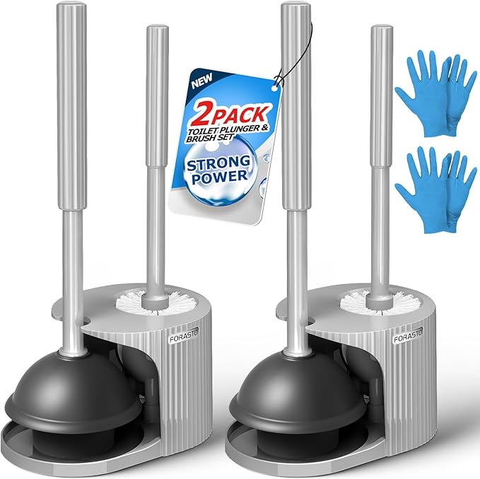 2Pack 2 in 1 Toilet Brush and Plunger Set, Extended Handle Plunger，Toilet Bowl Brush Plunger Set,Bathroom Cleaning Tools ，Toilet Brush Plunger Combo，Cleaning Brush，Cleaning Supplies（Dark Grey）