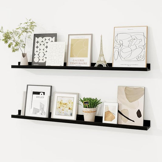 Picture Ledge Shelf, Solid Pine Wood Floating Shelves Set of 2, 36 Inches Nursery Book Shelves for Toys Storage, Kids Bookshelf Wall Mounted for Living Room Bedroom Decor Books Photo Frames, Black