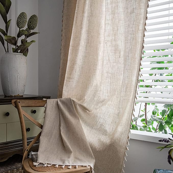 Sutuo Home Boho Curtain for Farmhouse Bedroom, Natural Linen Look Textured Burlap Rod Pocket Chic Semi Blackout Bohemian Handmade Tassels Window Treatment for Living Room, 1 Panel 59" W x 108" L