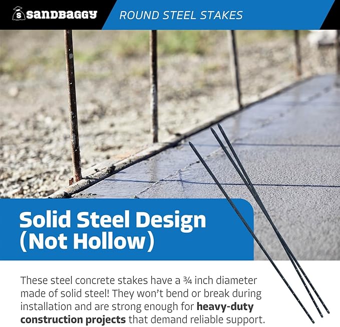 Sandbaggy Round Steel Concrete Form Stakes with Nail Holes - Rust Resistant Coating - Removable, Reusable (5, 3/4 in X 60 in)