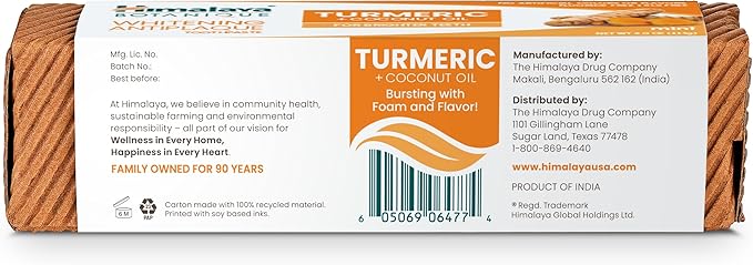 Himalaya Botanique Turmeric & Coconut Oil Whitening Antiplaque Herbal Toothpaste, Whitens Teeth, Fluoride Free, No Artificial Flavors, SLS Free, Vegan, Cruelty Free, Foaming, Mint Flavor, 4 Oz, 1 Pack