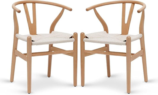 POLY & BARK Weave Dining Chairs – Mid-Century Modern Wishbone Dining Chairs with Arms, Solid Wood Frame, Indoor Use – Natural – Set of 2 - Ideal for Dining Room, Kitchen or Stylish Accent Setting