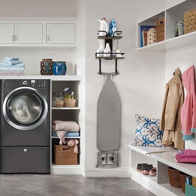 VINAEMO Ironing Board Hanger Wall Mount, 2-Layer Iron and Ironing Board Holder, Laundry Room Shelves Solid Wood with Removable Hooks Home Organization and Storage