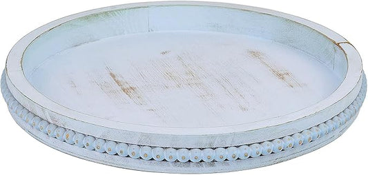 Round Wood Serving Tray with Beads, Blue Washed Wooden Decorative Tray for Entertaining, Decoration, and Gifting