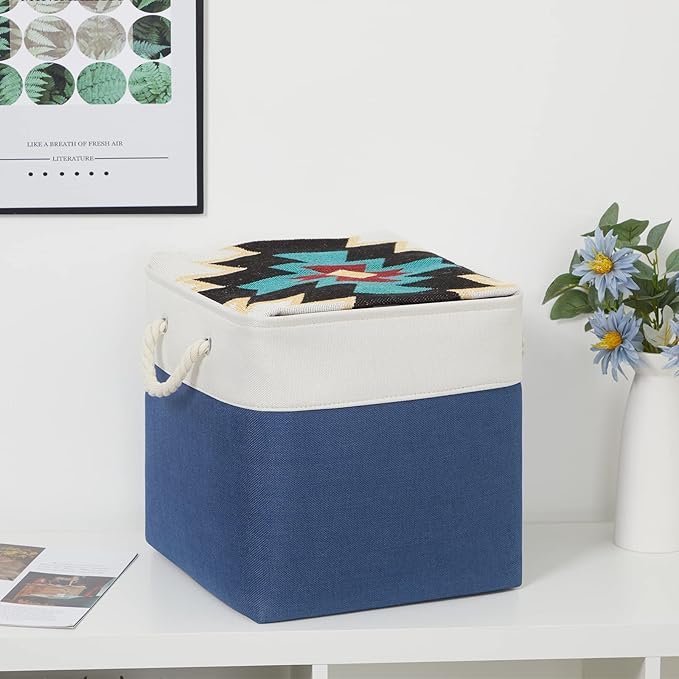 Bidtakay Storage Baskets Large Cube Storage Bins Fabric Baskets for Organizing Shelves 13x13 Navy Blue Square Storage Bins Large Set of 3 Linen Closet Organizers for Cabinet Home