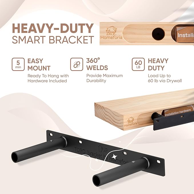Homeforia Wood Floating Shelf 12 inch, High End Solid Natural Wood 12inch Floating Shelves for Wall Mounted, Unfinished Small Wooden Floating Shelves, Heavy Duty Bracket, 12 X 6.5 X 1.75 in, Set of 3